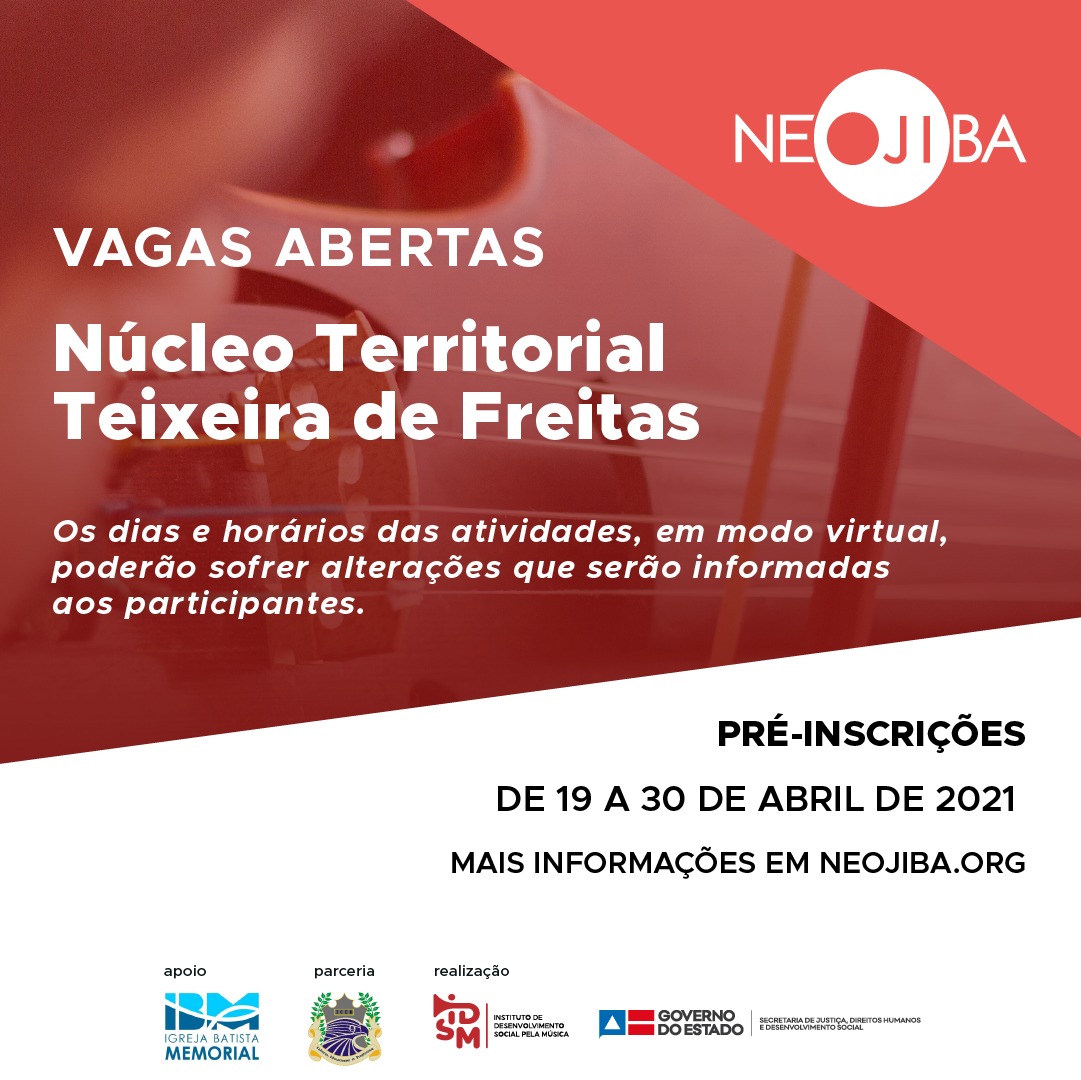 Últimos dias para se inscrever nas vagas do Núcleo Territorial NEOJIBA de Teixeira de Freitas