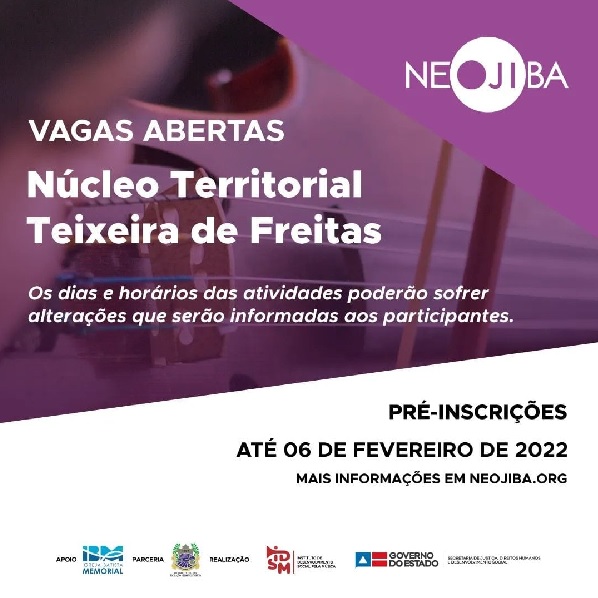 NEOJIBA abre mais de 500 vagas em Teixeira de Freitas, Salvador e interior da Bahia