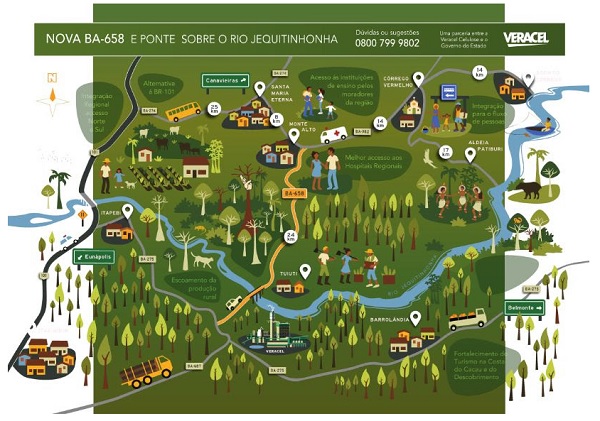 Veracel divulga mapa da BA-658 ilustrando os benefícios da nova estrada para a comunidade