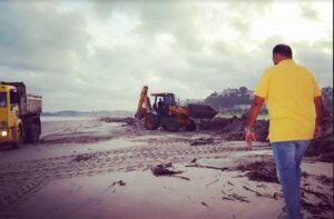 Ilhéus reforça limpeza de praias e prefeito acompanha operação para retirada das baronesas