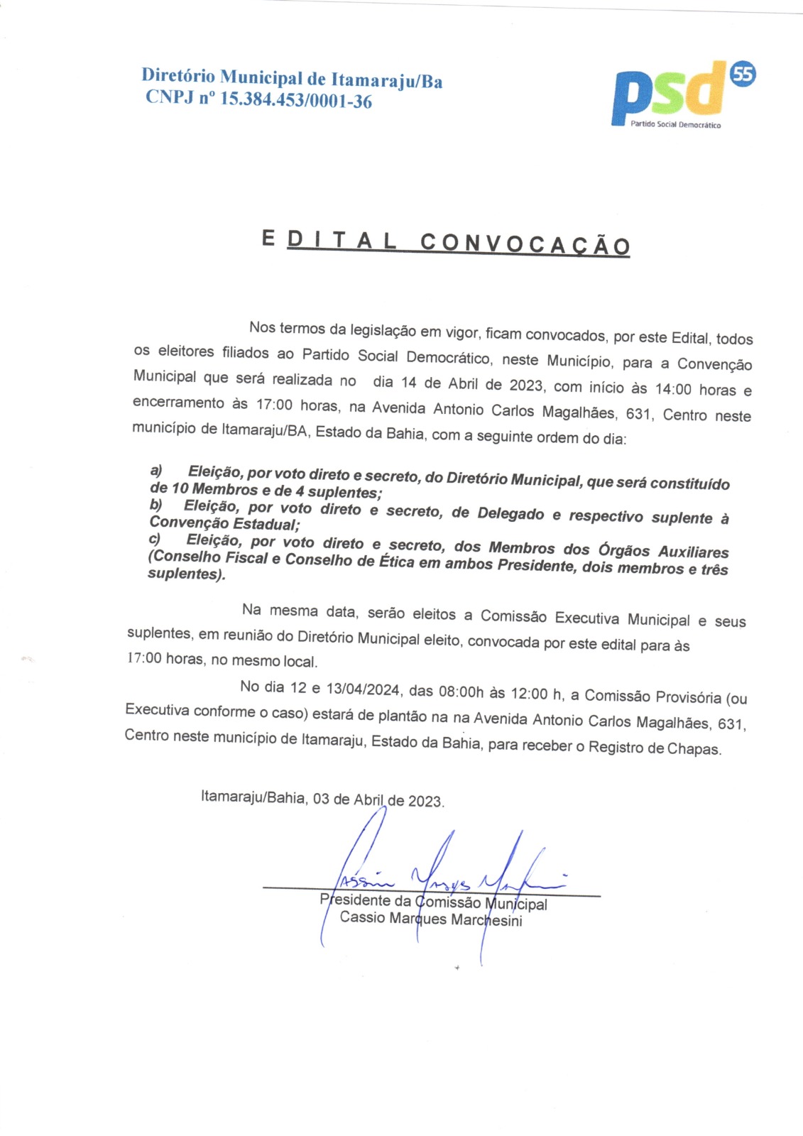 PSD lança Edital de Convocação para eleição do Diretório Municipal de Itamaraju