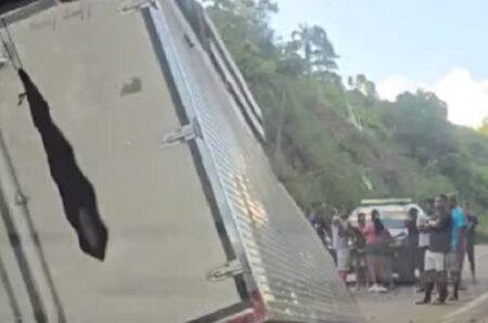 Caminhão carregado com 10 toneladas de peixes tomba na BR-101 em Eunápolis